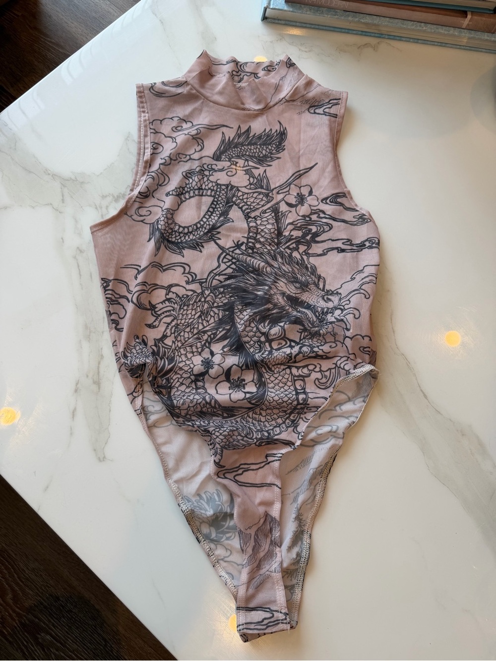 SHEIN Pink Dragon Print High-Neck Bodysuit